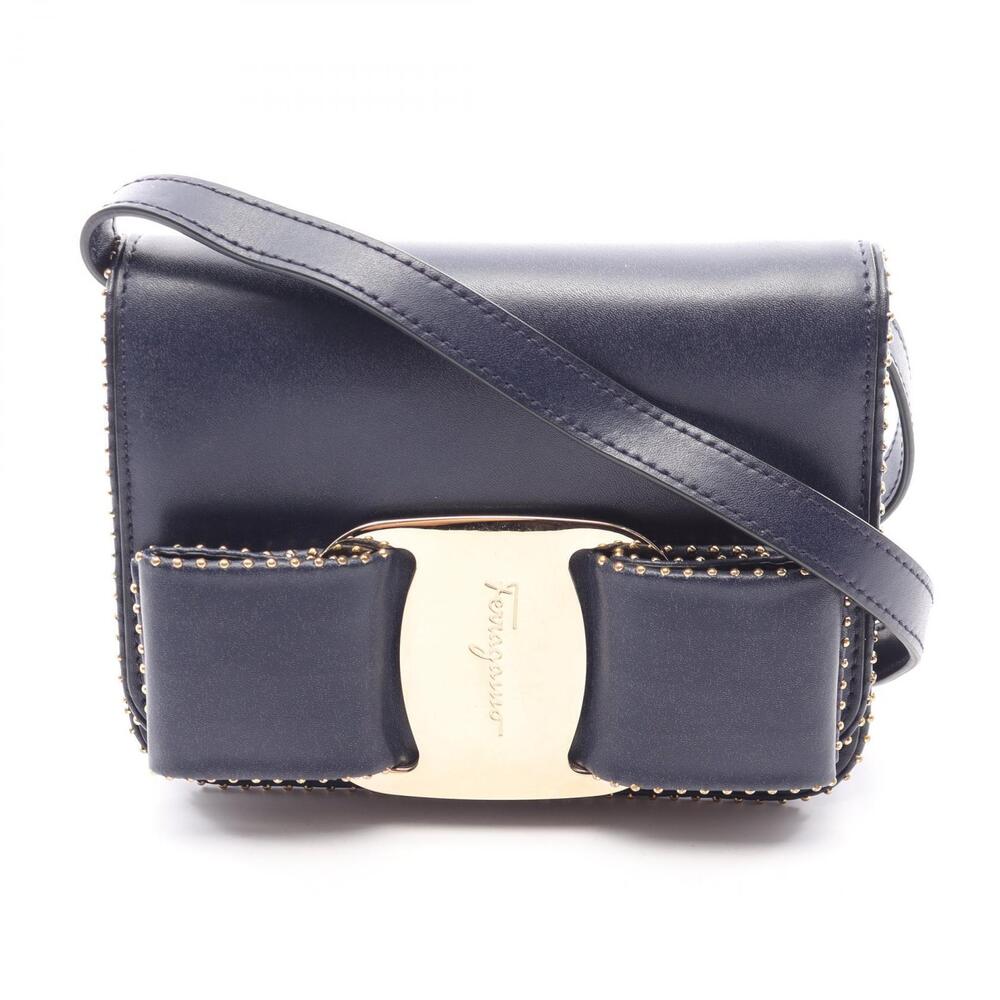 Salvatore Ferragamo Vara Ribbon Shoulder Bag Leather Navy Blue